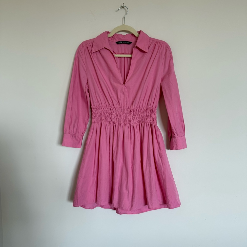 Zara Pink Mini Sundress with Notched Collar and Cuffed Sleeves